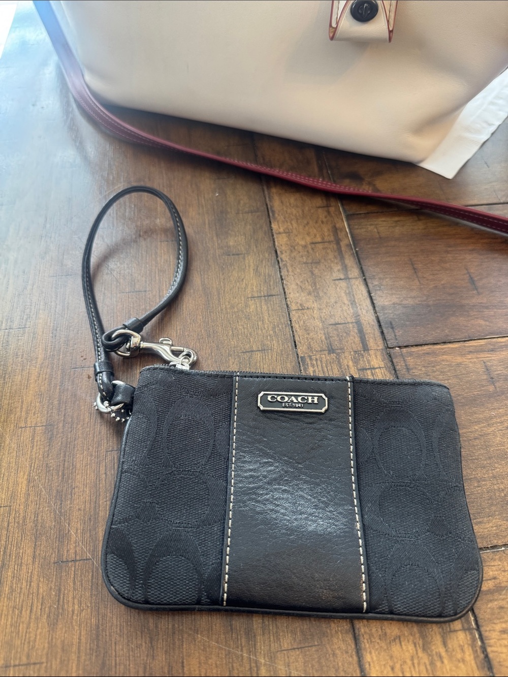 COACH Black Signature Wristlet with Leather Center Panel